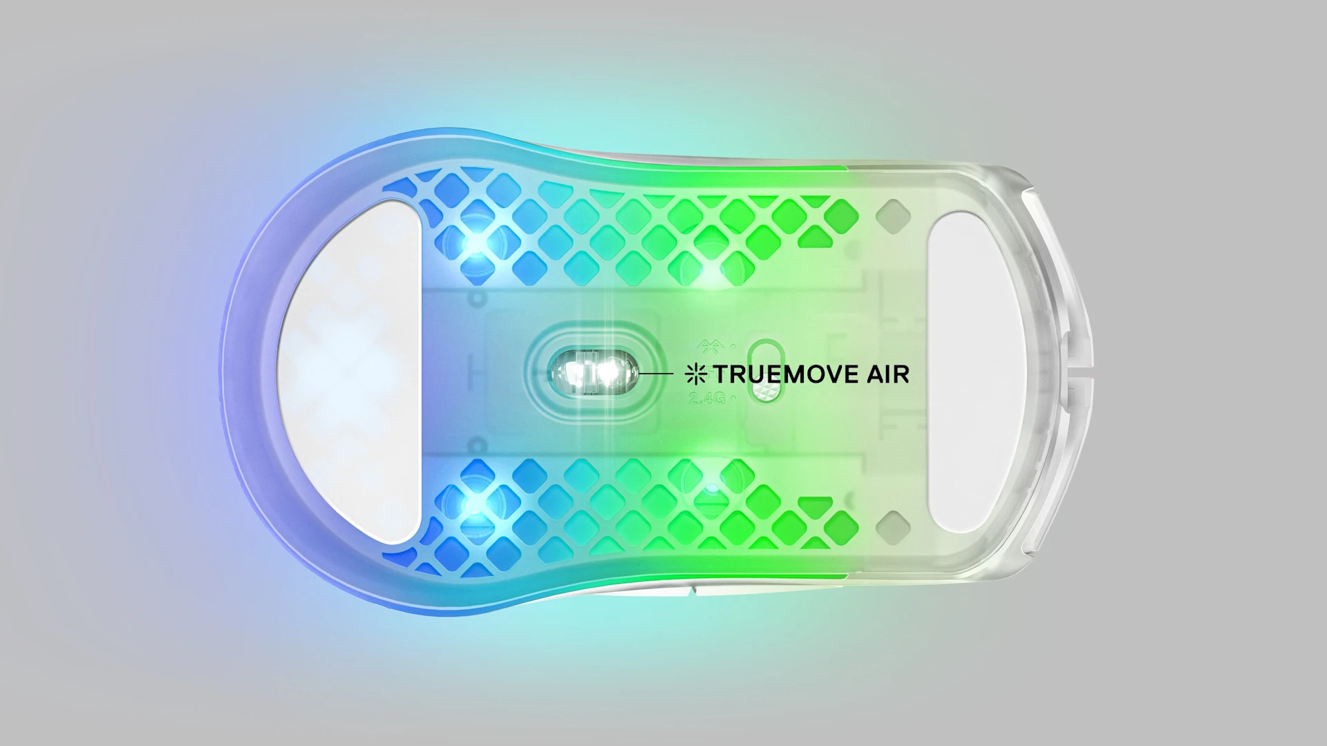 An Aerox 3 Wireless mouse shown from beneath with a great view into the sensor and bottom glide skates of the mouse. Text with an arrow pointing to the sensor reads "Truemove Air".