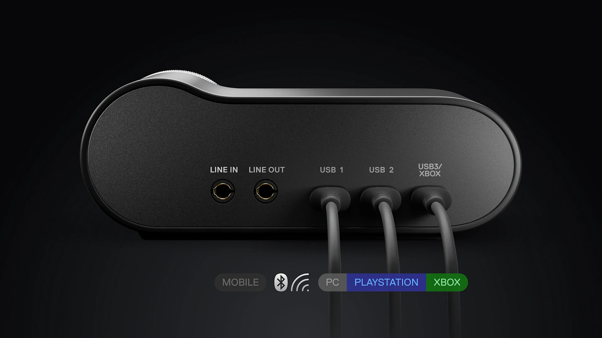 Rear view of gaming audio base station showing line in, line out, three USB ports, and platform icons for PC, PlayStation, Xbox, and mobile.