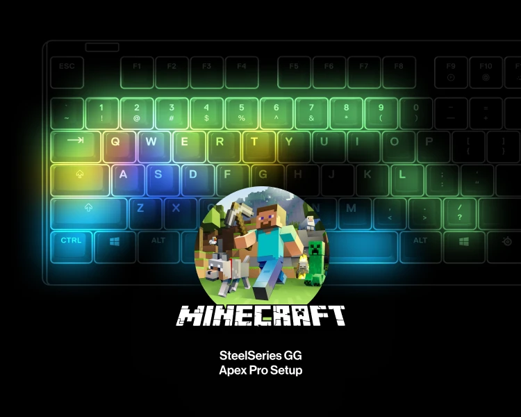 Apex pro 全鍵盤,附有 minecraft 標誌,上面寫著 " Minecraft steelseries gg apex pro setup" (我的世界)