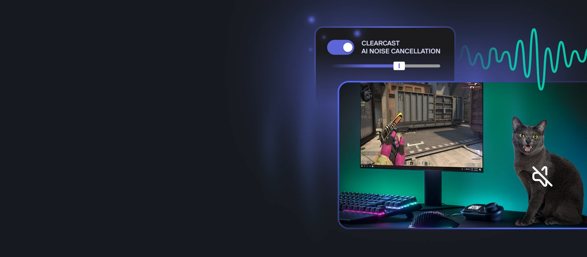 Obrázek zobrazující uživatelské rozhraní funkce Clearcast AI Noise Cancellation a rušení zvuku