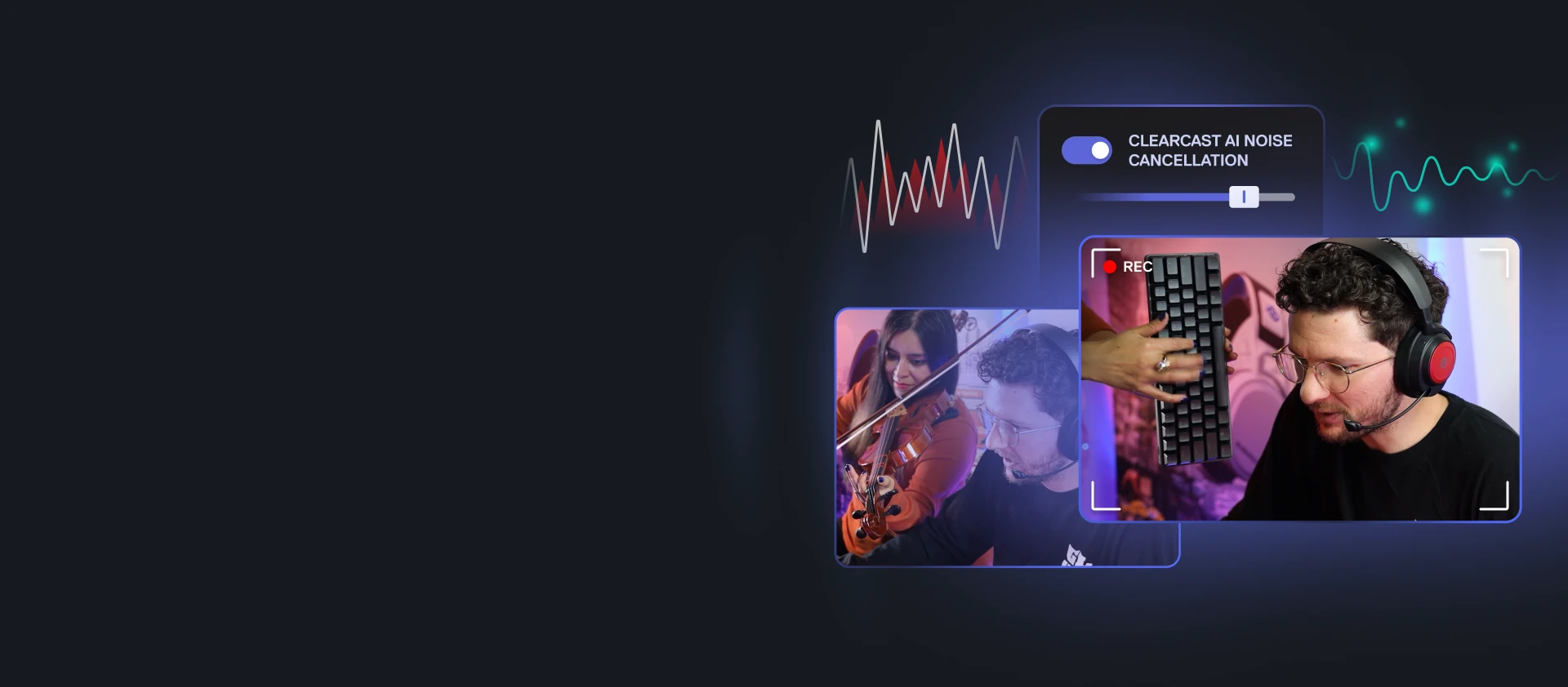 Una imagen que muestra la interfaz de usuario de la función de cancelación de ruido AI de clearcast y el sonido del teclado o del violín que se cancela.