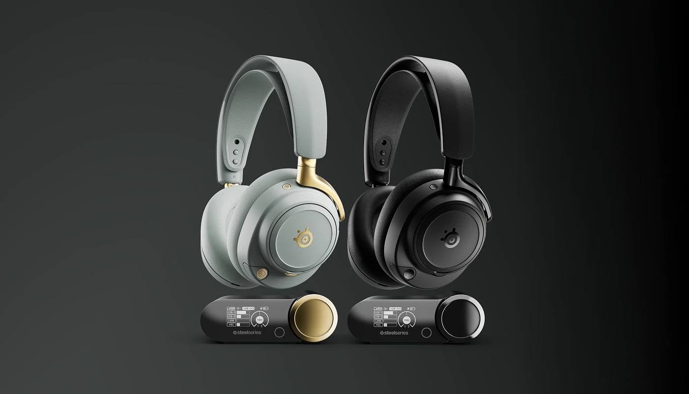 Een afbeelding van de Arctis Nova Elite headsets in Sage Gold en Obsidian met een donkerverloop op de achtergrond.