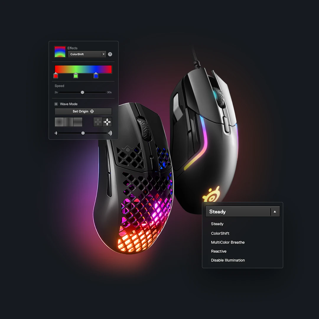 Two SteelSeries gaming mice with customizable RGB lighting and software menus showing color effect options like ColorShift and Wave Mode.