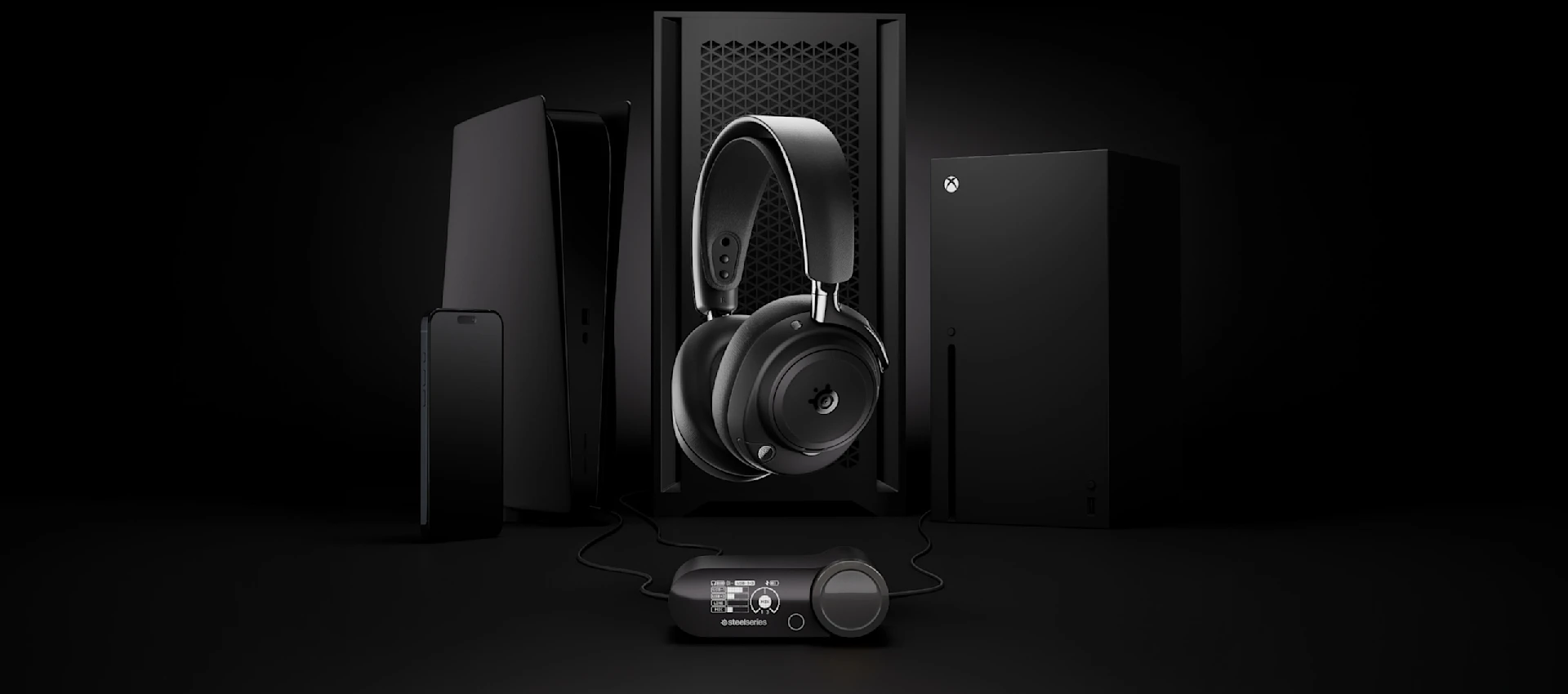 Arctis Nova Elite negro con diferentes dispositivos de fondo