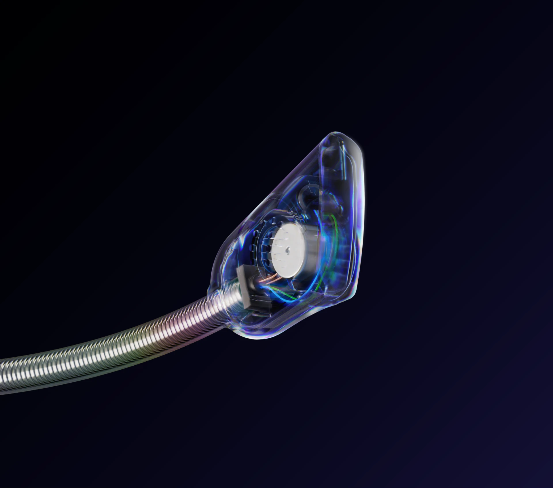 Gros plan sur le micro du casque avec les composants à l'intérieur.