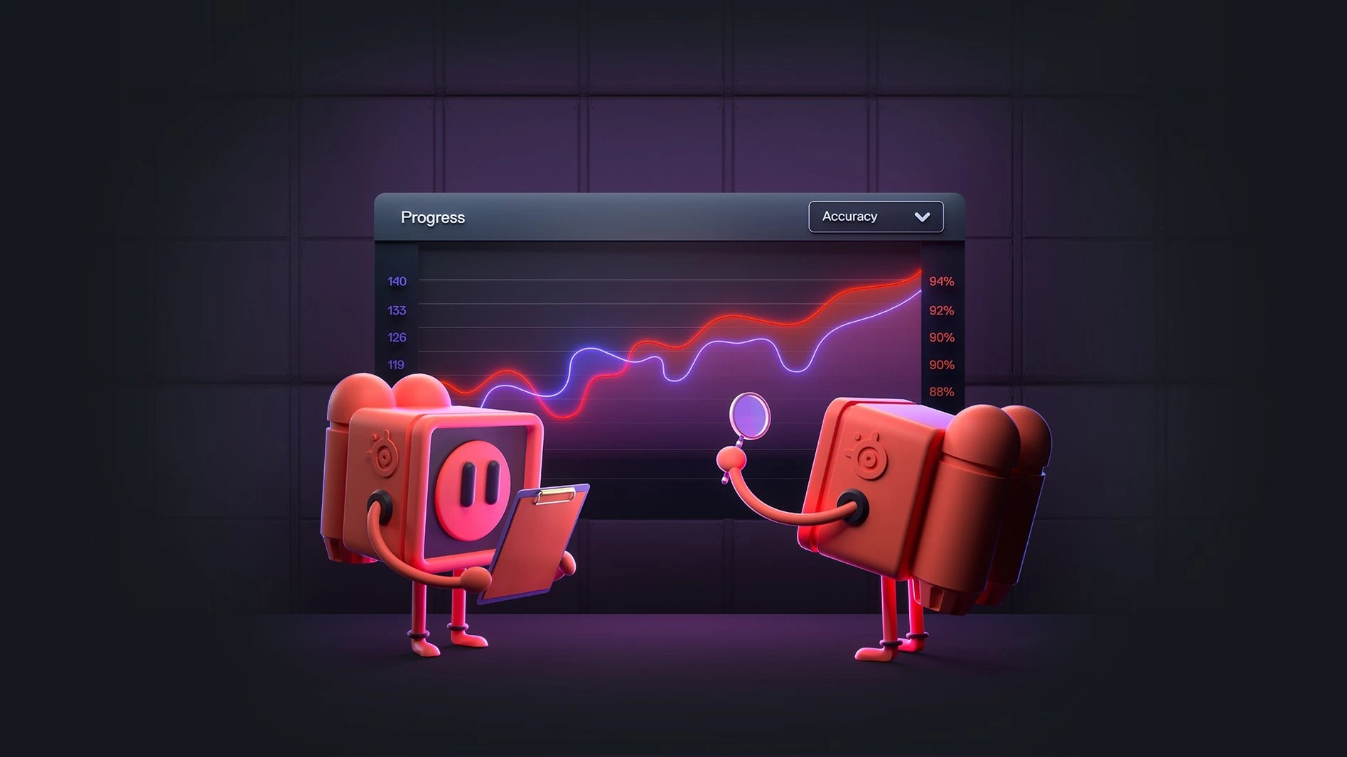 Two cartoonish orange robots analyze a large, glowing "Progress" and "Accuracy" chart, one with a clipboard and the other with a magnifying glass.