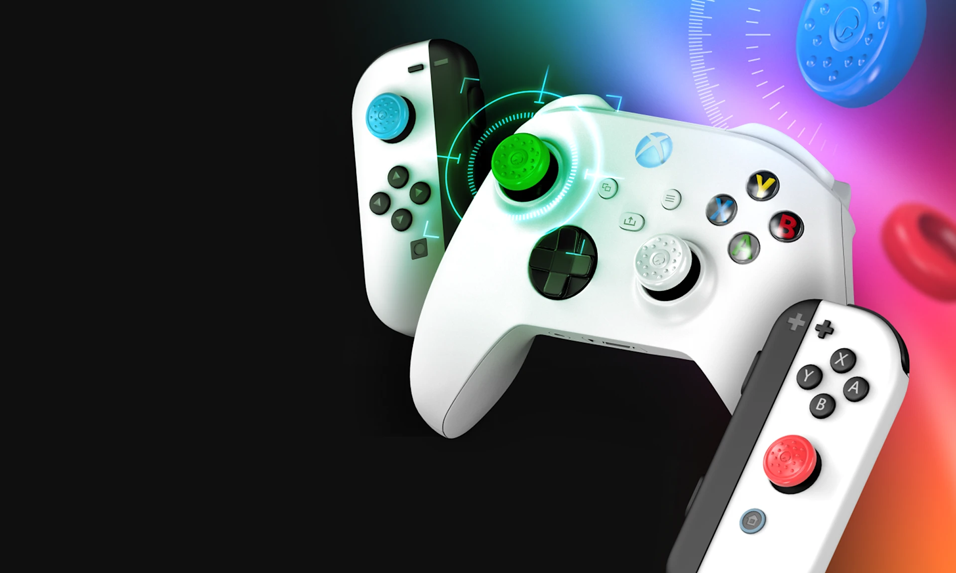 An image of an Xbox controller and Nintendo Joy-cons with KontrolFreek thumbsticks.