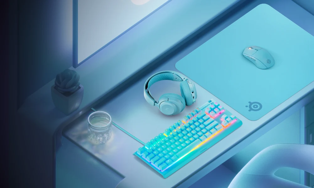An image of an all aqua SteelSeries gaming setup.