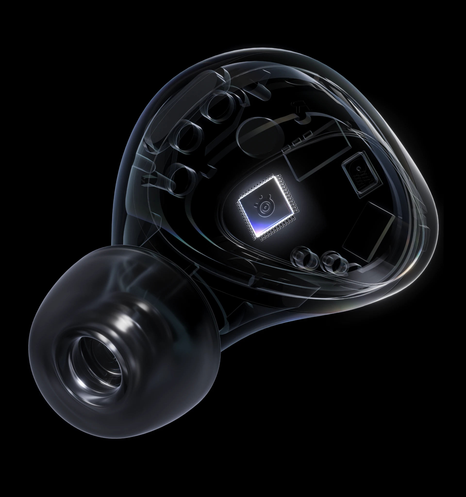 검은색 배경을 배경으로 칩셋, 회로, 구조적 디테일 등 내부 부품이 보이는 무선 이어버드를 클로즈업하여 투명하게 보여주는 사진입니다.