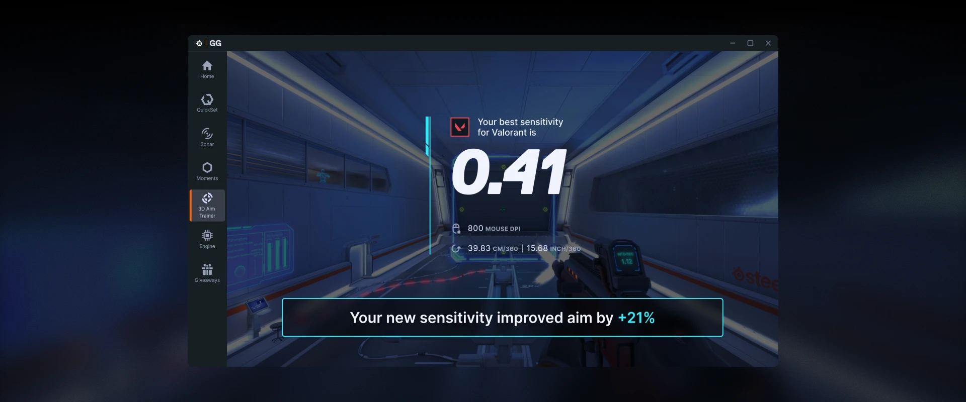 Gaming aim trainer screen showing Valorant sensitivity score and aim improvement message.