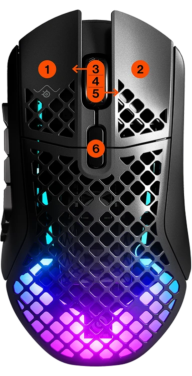 Vista superior de un Aerox 9 inalámbrico con 6 botones programables