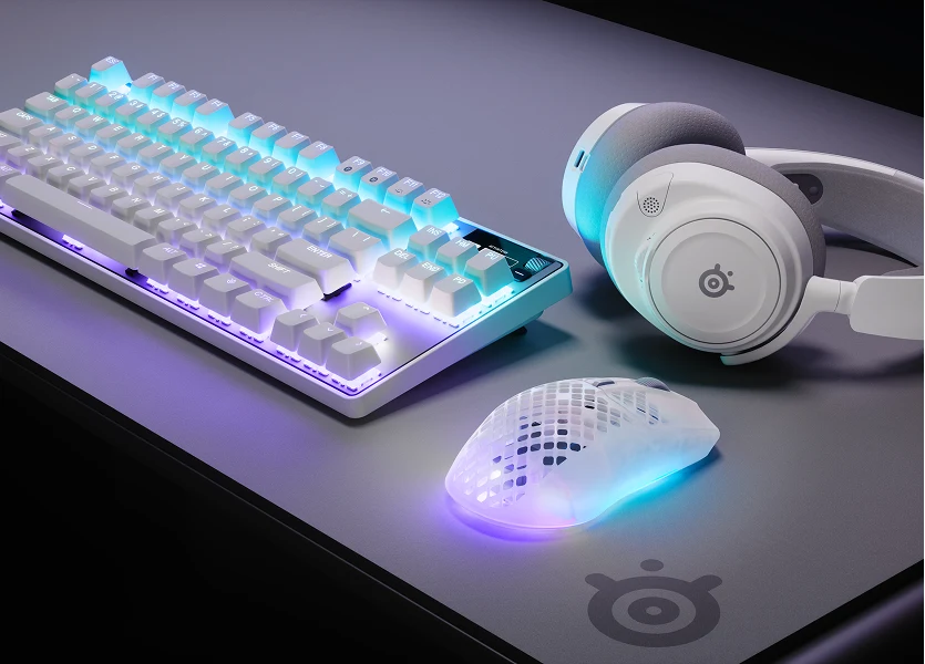 An image of an all white SteelSeries gaming setup.