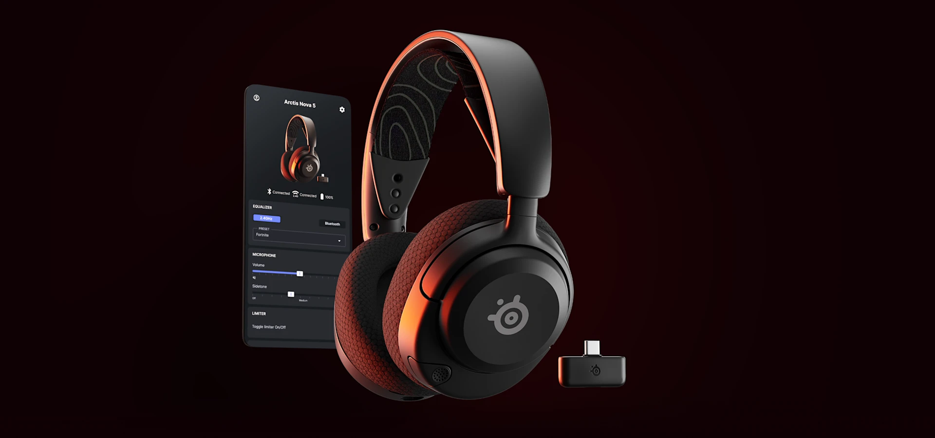 Arctis Nova 5 Black for PC, accompanied by a mobile device with the Arctis Companion app displayed on it