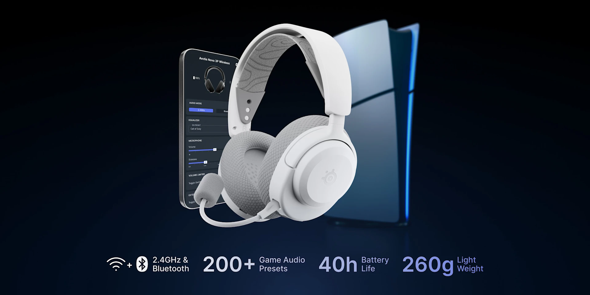 Arctis Nova 3 Wireless rodeado de un smartphone y una consola Xbox sobre un fondo oscuro