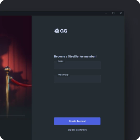Pantalla de creación de cuenta de SteelSeries GG, en la que se solicita al usuario que se haga miembro introduciendo un correo electrónico y una contraseña.