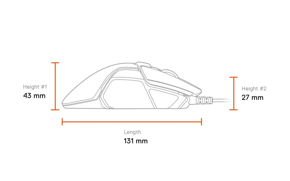 Rival 600 side dimensions: length 131mm, height #1 rear 43mm, height #2 front 27mm