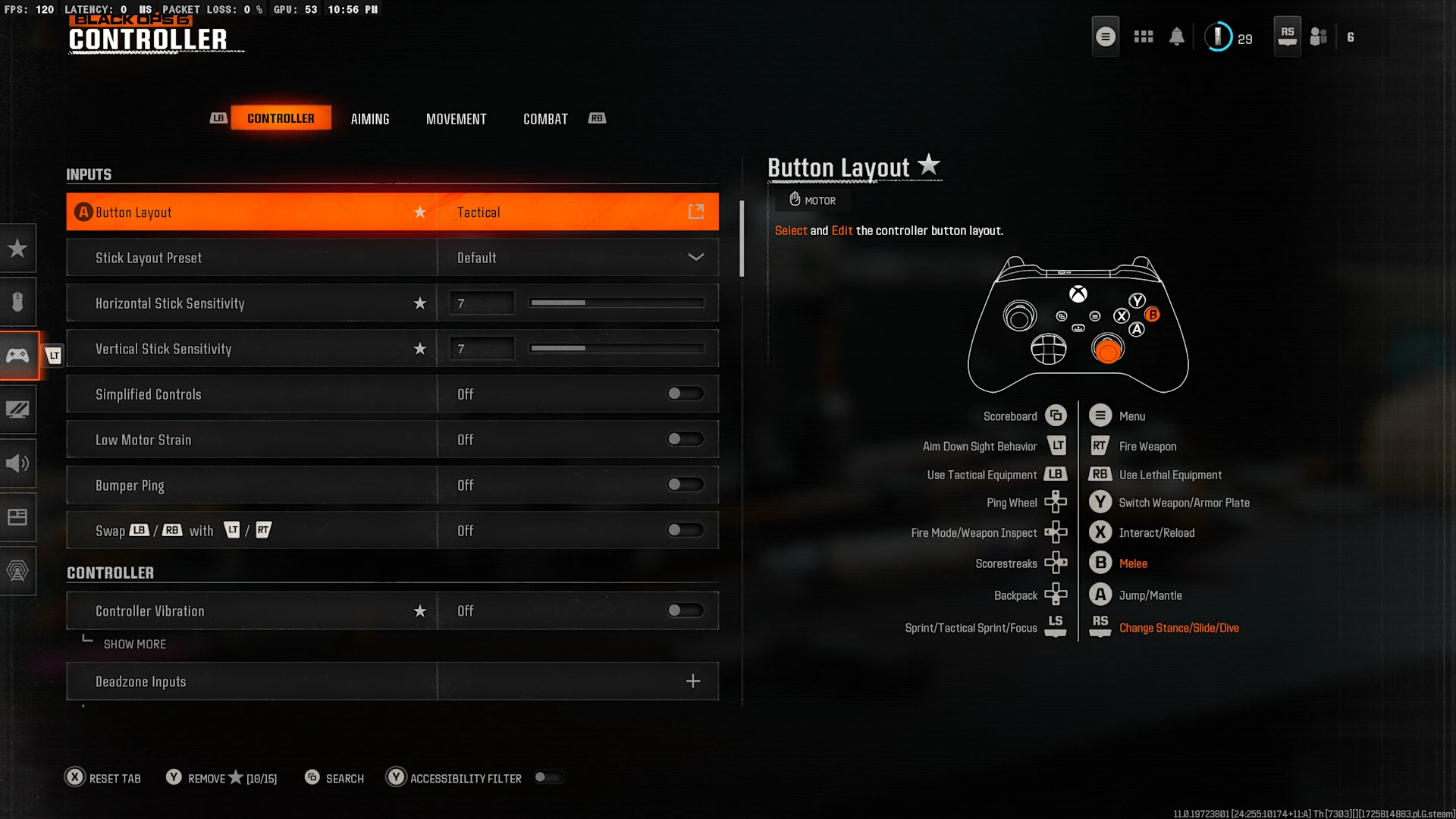 Screenshot of Black Ops game controller settings.