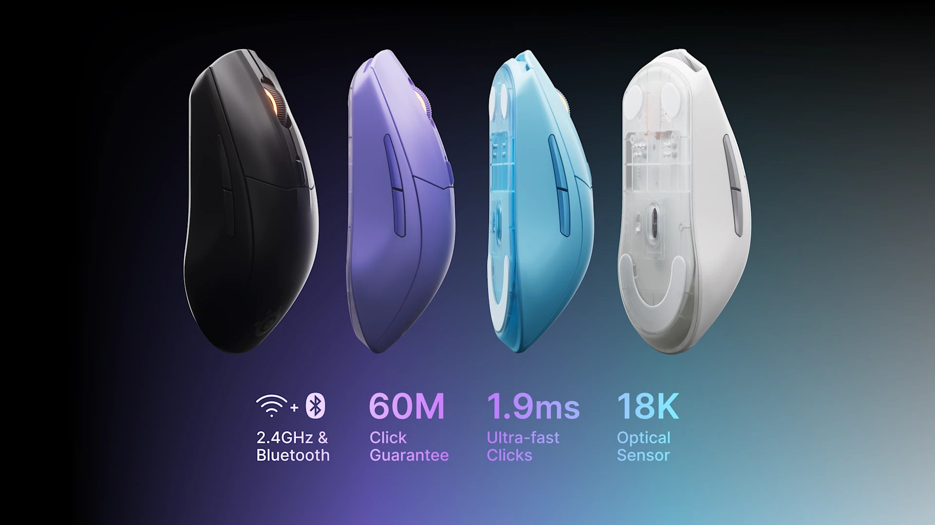Tutte le versioni a colori del mouse Rival 3 Wireless Gen 2 con le descrizioni delle funzionalità