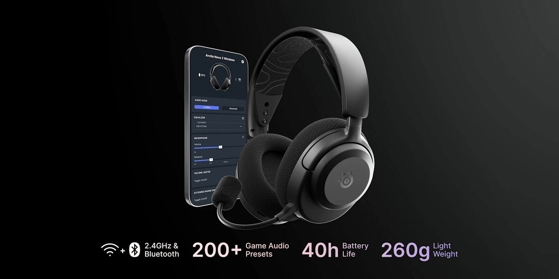 SteelSeries Arctis Nova 3 Wireless black headset with mobile app. Highlights 2.4GHz & Bluetooth, 200+ audio presets, 40h battery, and lightweight 260g design on a dark background.
