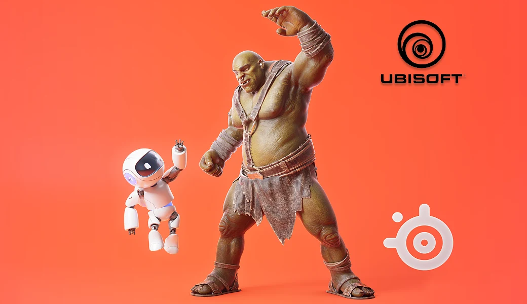 An ogre and a robot on a red-orange background, with the Ubisoft and SteelSeries logos.