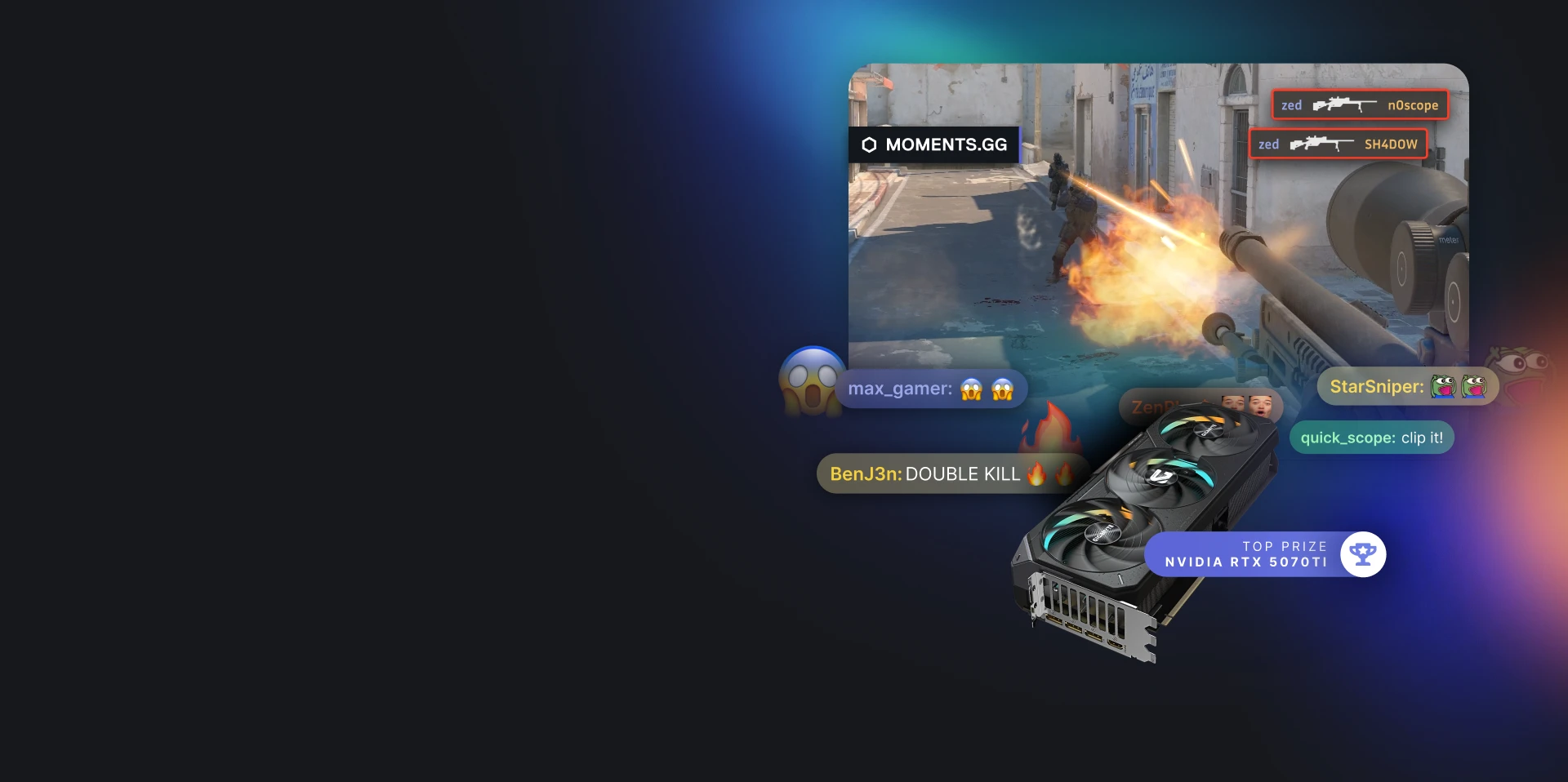 Gaming giveaway promo featuring a FPS "double kill" gameplay clip and live chat reactions. Below the footage, a high-end NVIDIA RTX 5070 Ti graphics card is highlighted as the "Top Prize" against a dark, glowing background.
