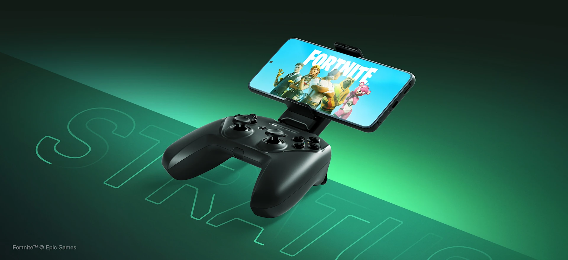 Stratus Plus gamepad with an attached phone displaying the game Fortnite.