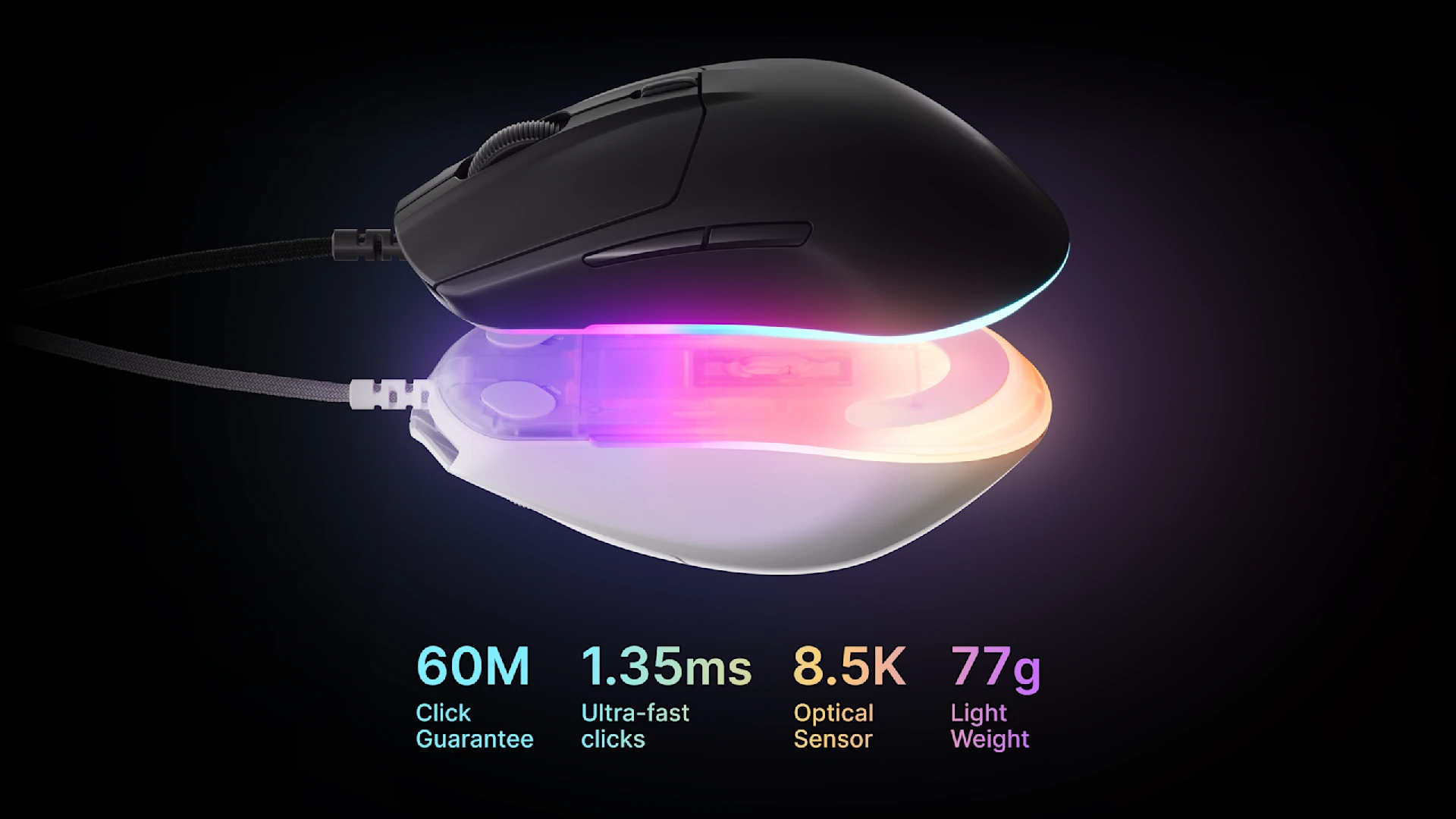 Rival 3 mouse; specification is listed as 60 million clicks;1.35 ms ultra fast clicks etc.