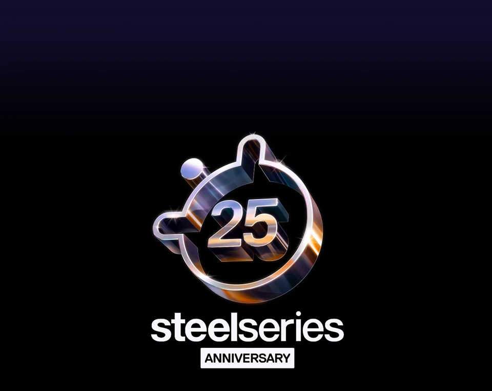 An image of the SteelSeries logo with the number 25 in the middle and text that reads: "steelseries 2001 - 2026".