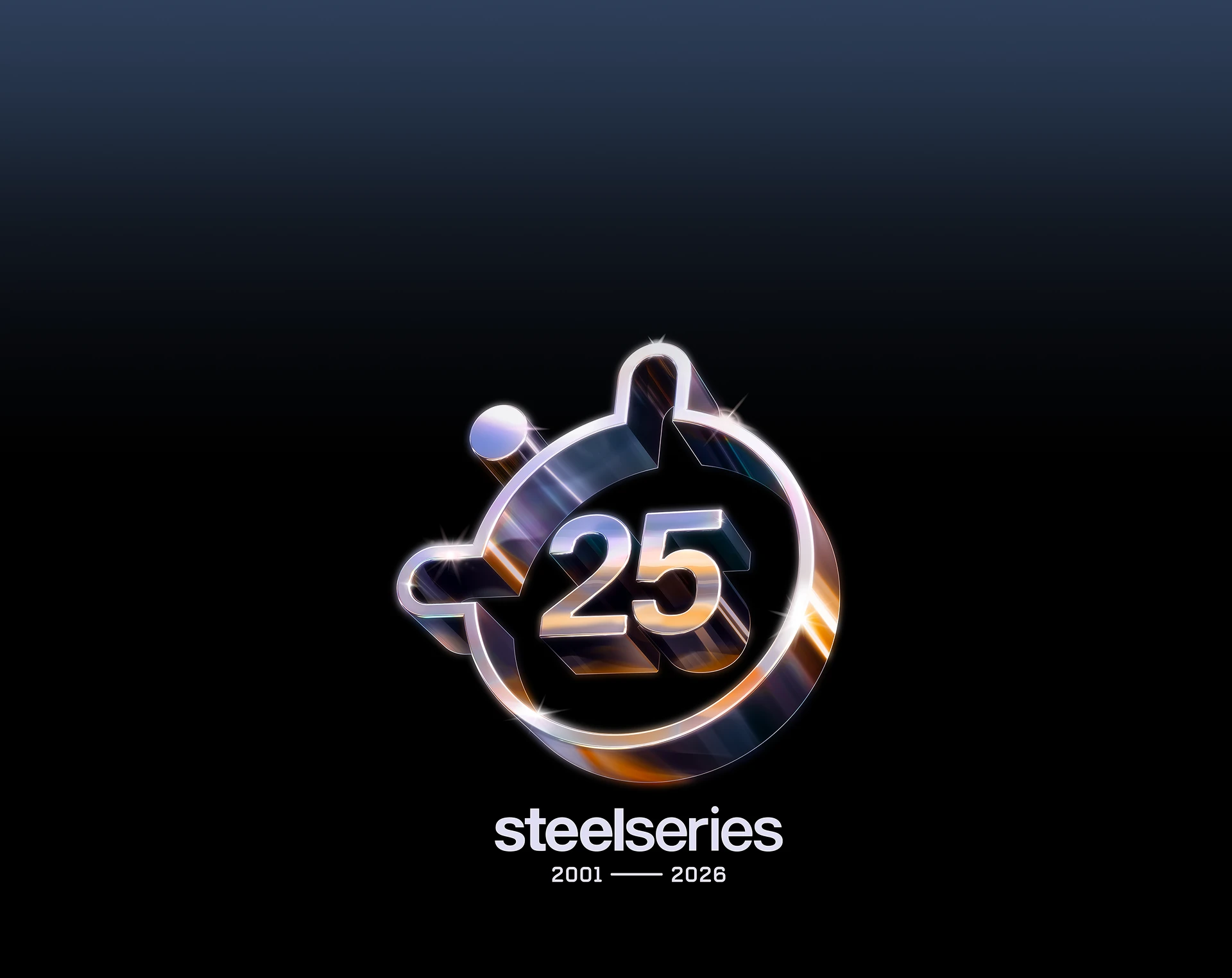 An image of the SteelSeries logo with the number 25 in the middle and text that reads: "steelseries 2001 - 2026".