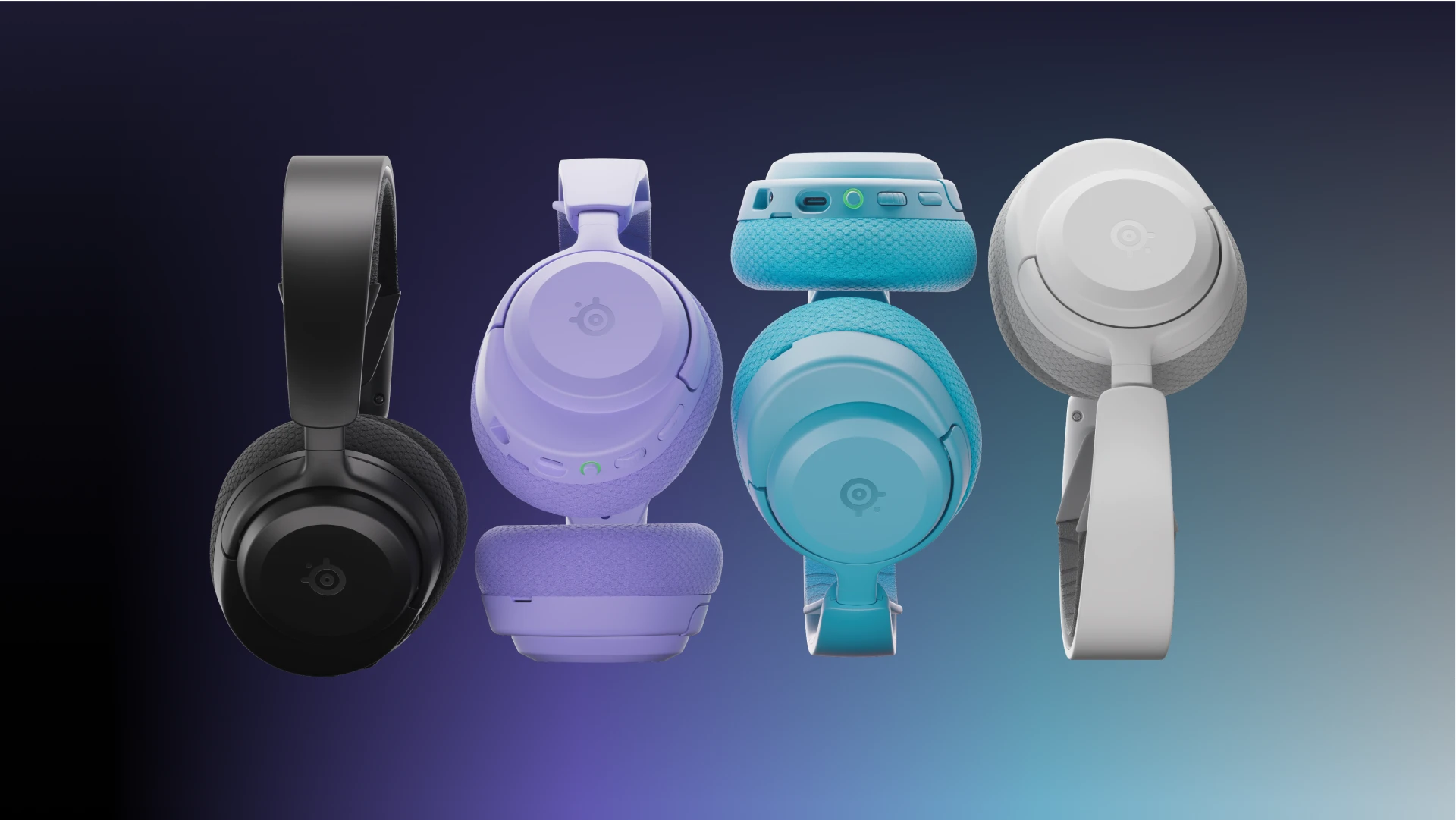 Arctis Nova 3 Wireless in 4 colori su sfondo scuro e colorato.