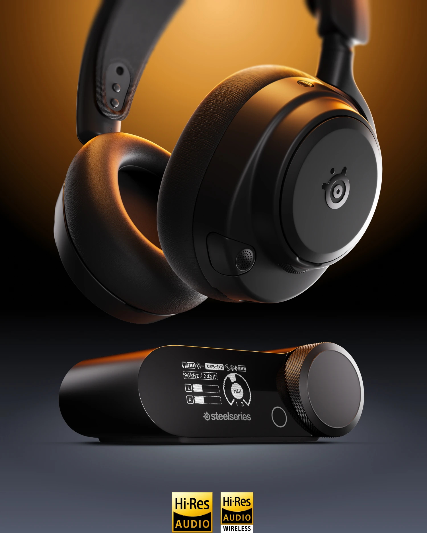 Vznášející se černá herní sluchátka SteelSeries nad bezdrátovou základnou, osvětlená oranžovým podsvícením s odznaky certifikace Hi-Res Audio pod nimi.