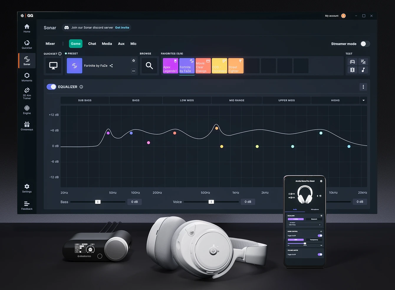  Sonar software EQ curve on a large monitor with Arctis Nova Pro Wireless headset, base station, and mobile app shown together on a dark desk.