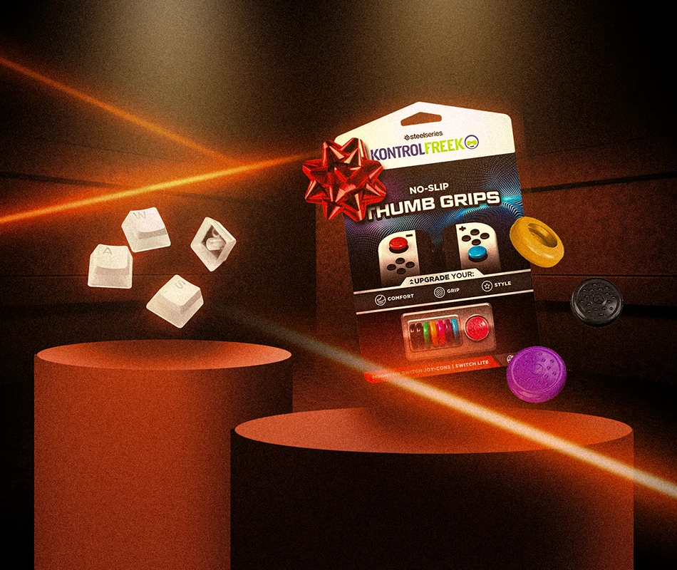 Εικόνα με λευκά Prism Caps και KontrolFreek No-Slip Thumbgrips τοποθετημένα σε βάθρα, με πορτοκαλί λέιζερ να φωτίζει το φόντο.