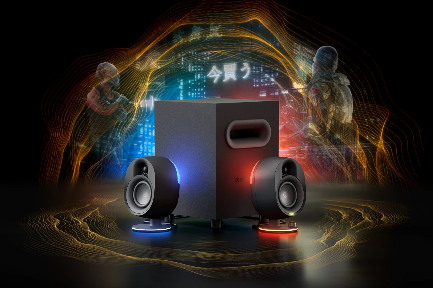 foto que muestra los altavoces Arena 7 rodeados de formas abstractas y coloridas
