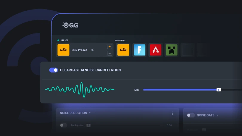 GG Quickset Interfaz de usuario con cancelación de ruido Clearcast AI activada.