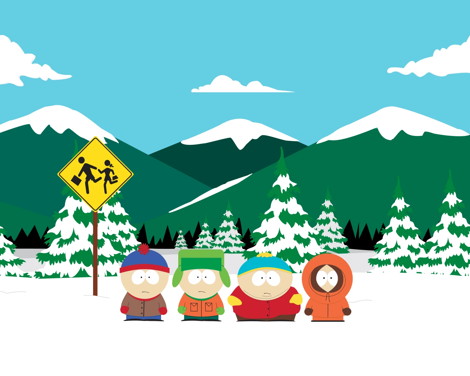 SteelSeries South Park edition large cloth gaming mousepad featuring Stan, Kyle, Cartman, and Kenny standing at the iconic snowy bus stop with a yellow school crossing sign and mountains in the background.
