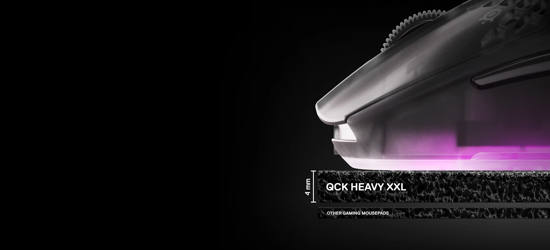 A close-up side view comparing the 6mm thickness of the QcK Heavy XXL mousepad against a standard thinner gaming mousepad, with a gaming mouse resting on top.