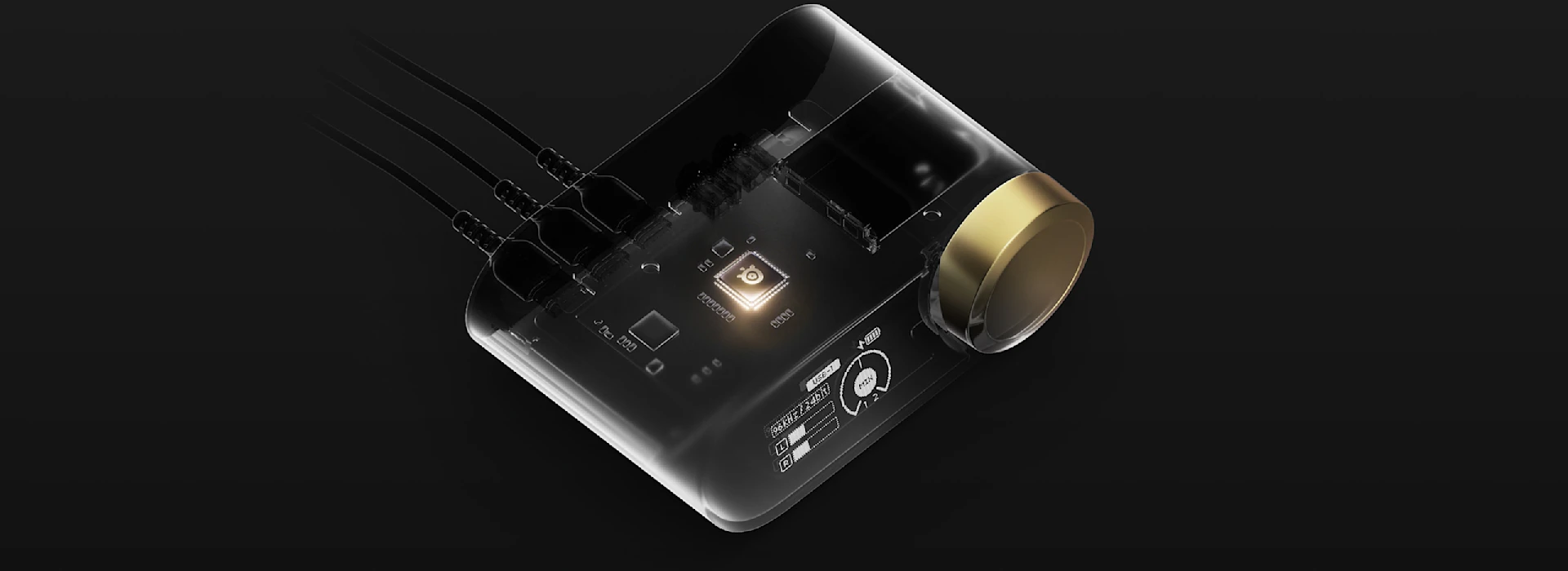 Docking station with transparent top and visible processor inside