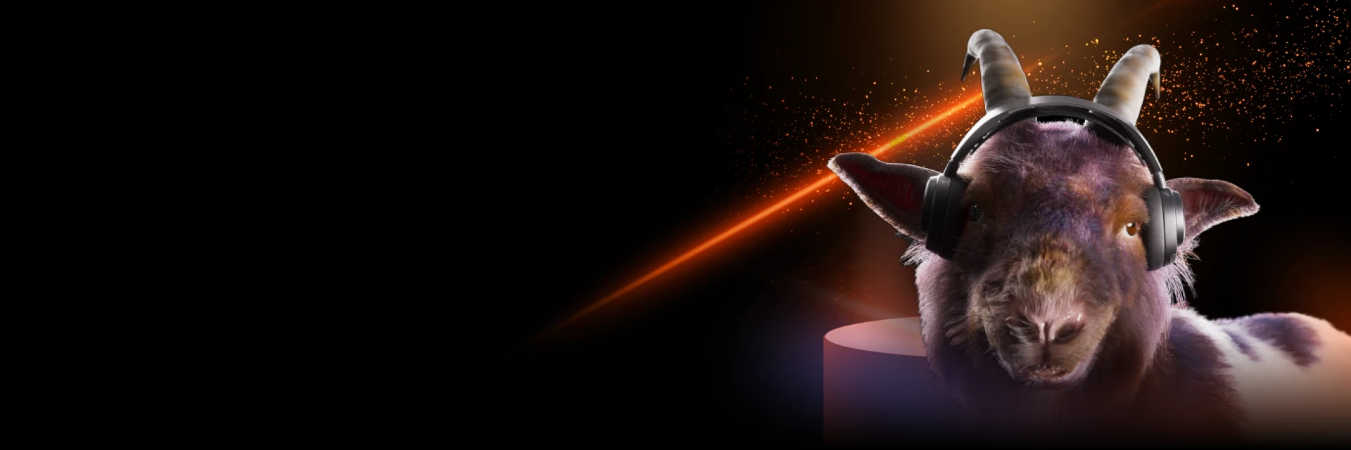 A goat wearing sleek black over-ear headphones, set against a dark background with a vibrant orange light streak and glowing particles.