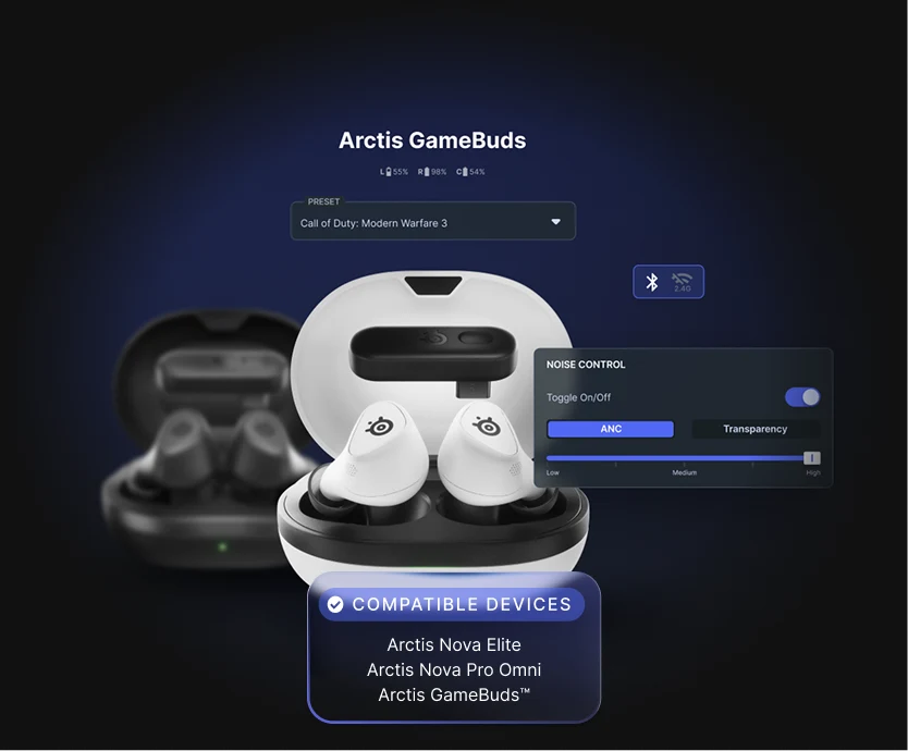 Arctis Gamebuds and some part of the Mobile app UI, with the preset for Call of Duty: Modern Warfare 3 and the noise control toggle.