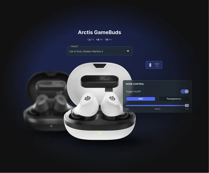 Arctis Gamebuds and some part of the Mobile app UI, with the preset for Call of Duty: Modern Warfare 3 and the noise control toggle.