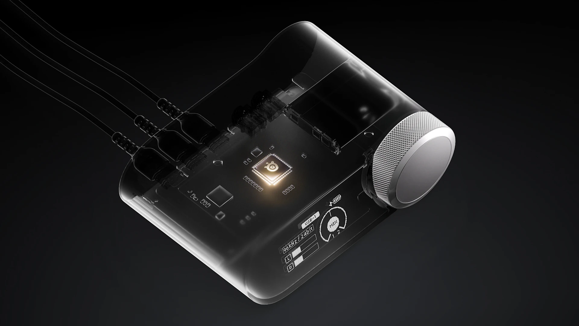 Semi-transparent render of audio base station revealing internal circuit board, cabling, and illuminated SteelSeries audio chip.