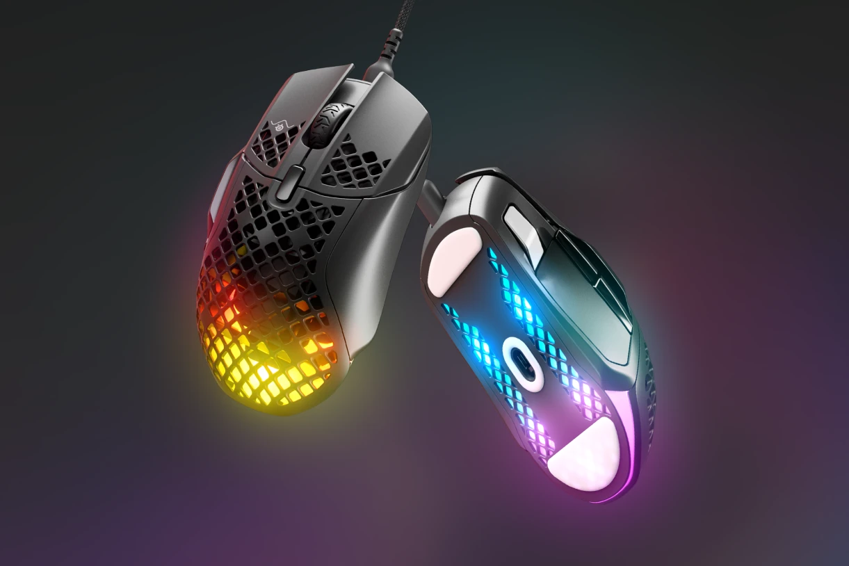 Two Aerox 5 mouses hanging in the air, with colorful illuminations coming from the inside.