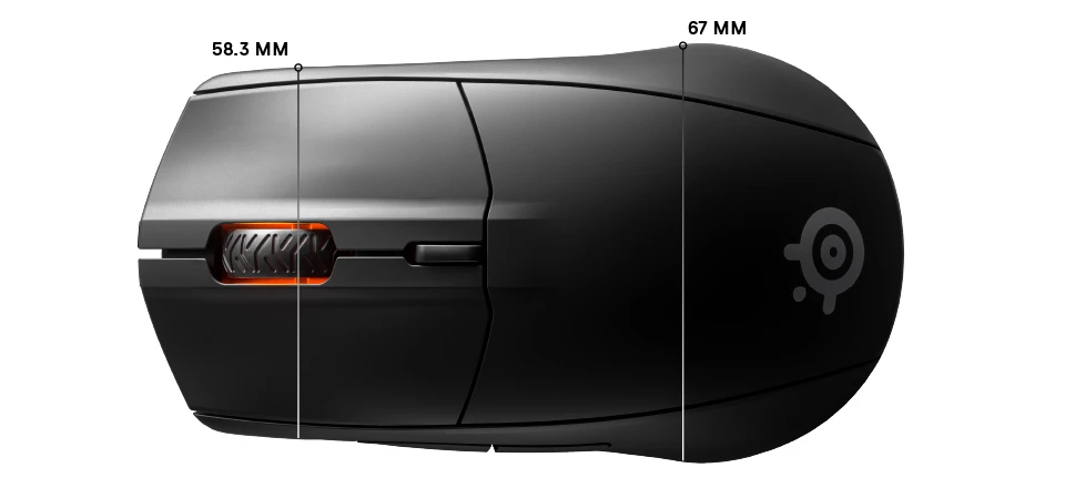 Dimensions supérieures du Rival 3 Wireless : largeur avant 58,3 mm, largeur arrière 67 mm