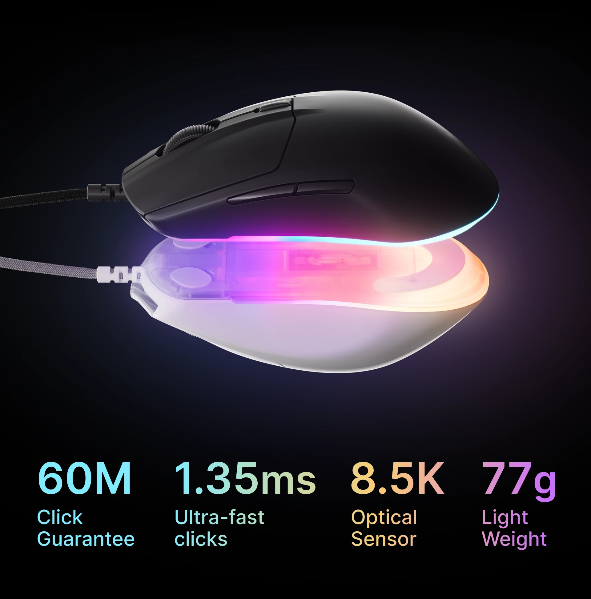 Rival 3-mus; specifikationen er angivet som 60 millioner klik; 1,35 ms ultrahurtige klik osv.