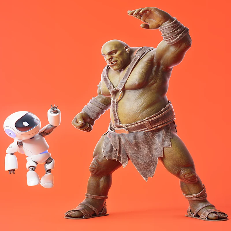 An image of Lars high-fiving a robot with an orange background.