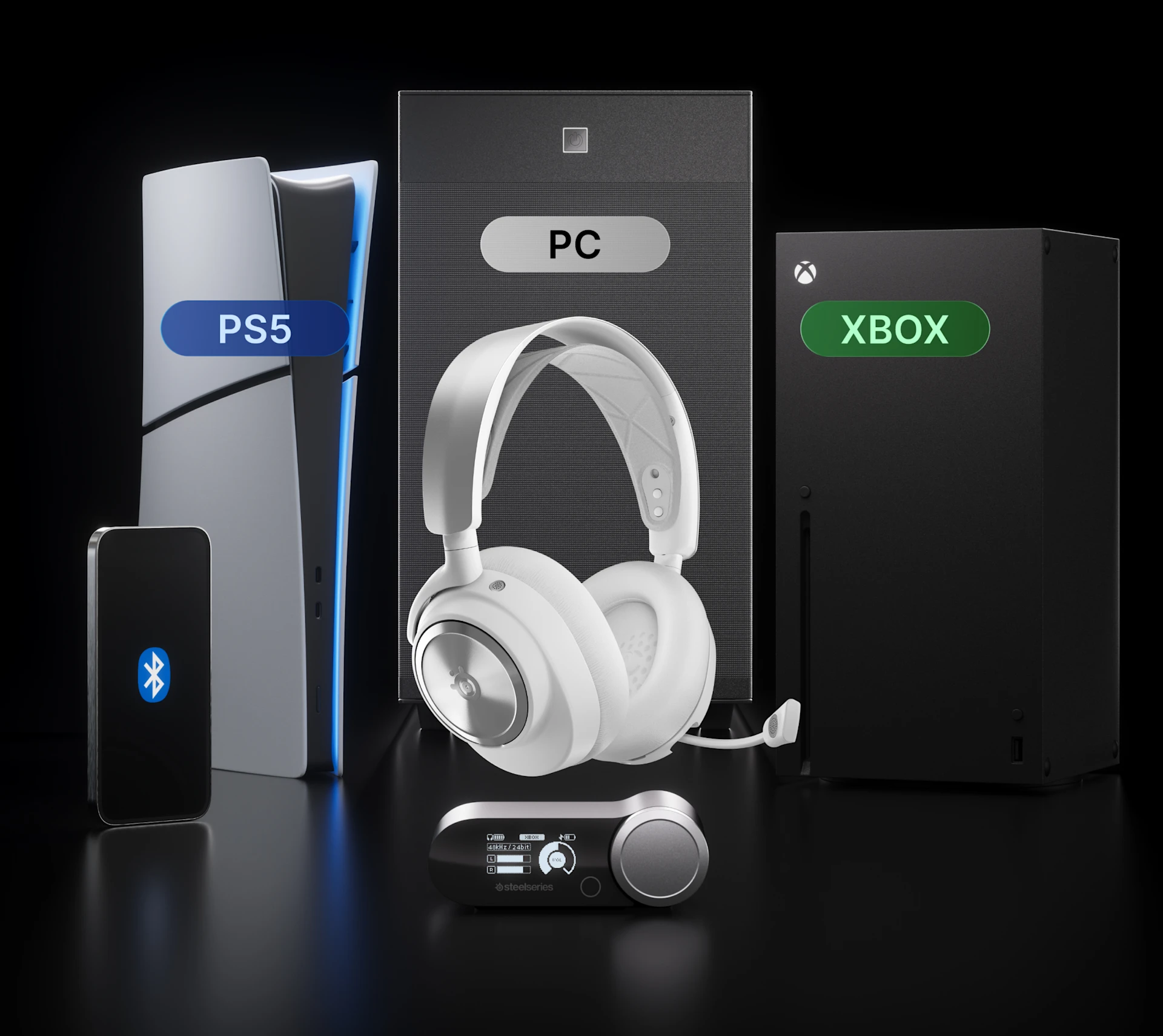 PS5とXboxコンソールに付属する、黒のArctis Nova Proワイヤレスヘッドセット一式