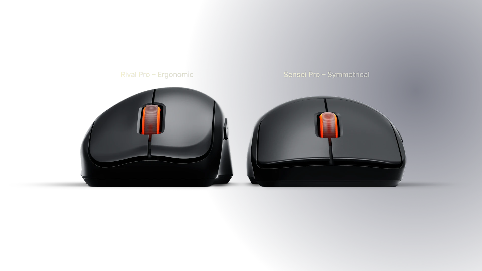 Front view of two black gaming mice labeled Rival Pro Ergonomic and Sensei Pro Symmetrical, highlighting their different shell contours and humps.