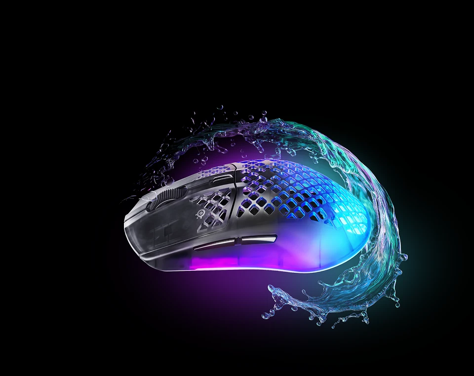 Aerox 3 Wireless Gen 2 Shadow ultra-lightweight gaming mouse with RGB lighting and holey shell design, depicted with a dynamic water splash effect.