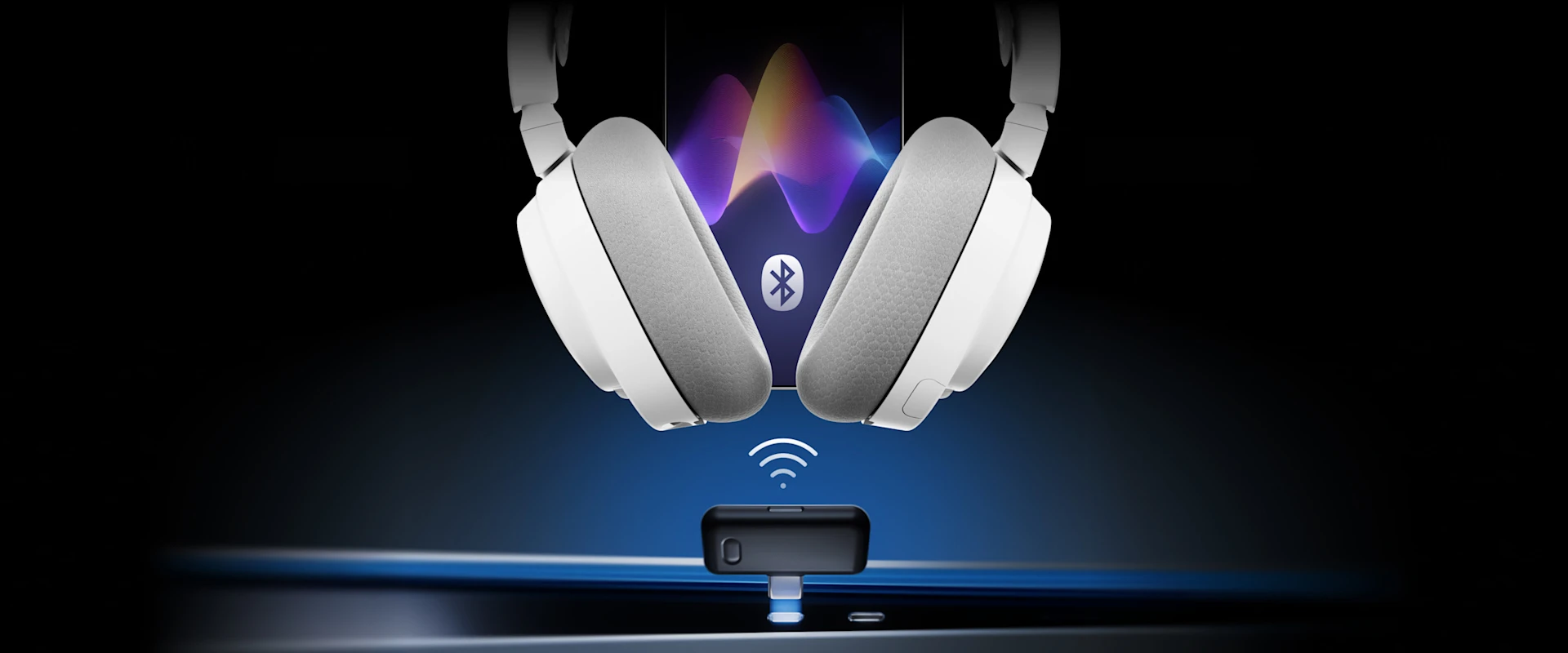 Arctis nova 7 gen 2 beyaz bir dongle üzerinde süpürme